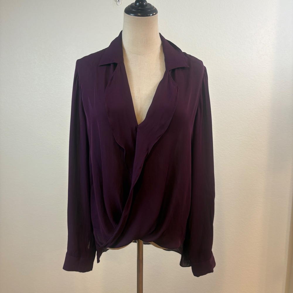 L'AGENCE Blouse Womens Medium Purple Silk Sheer Draped Wrap Front Top Minimalist